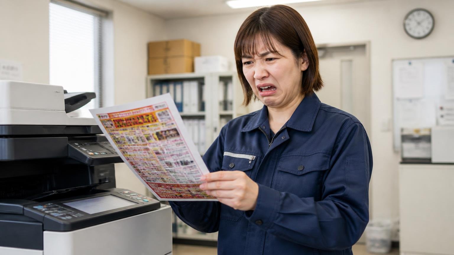 FAXへの不満。運送会社の事務所で複合機から出た広告の紙を手に取る女性1人が呆れた表情になる