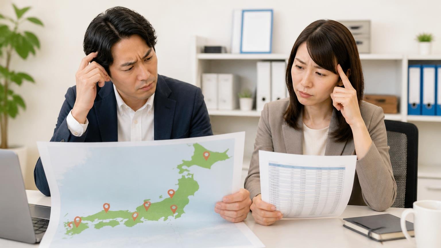全国8拠点。ただし公式サイトのページによって拠点数の記載が違う 事務所で日本地図と拠点一覧を見比べる男女2人 首をかしげる