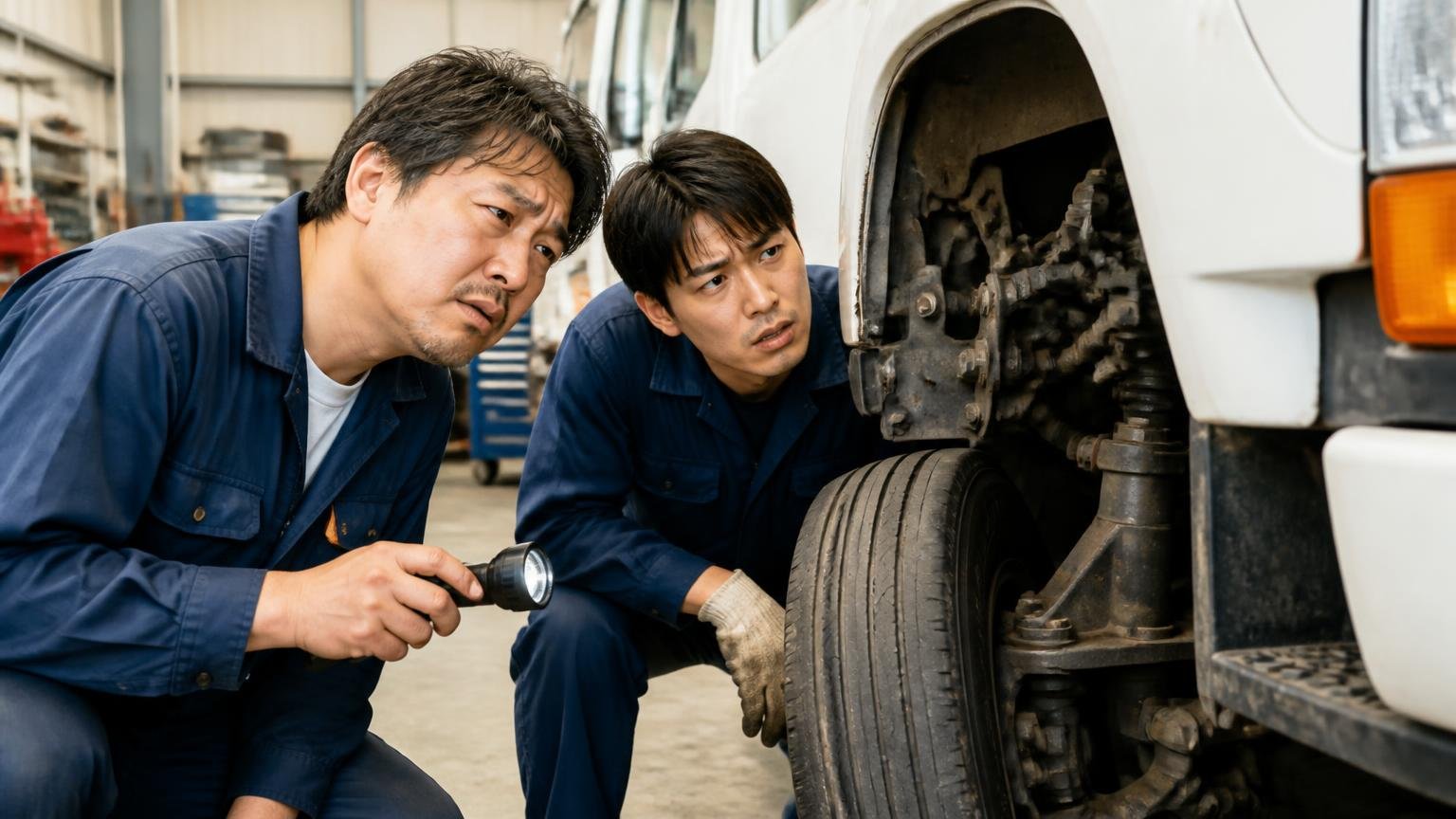 個体の問題と車種の問題を切り分ける。整備工場でトラックの前輪まわりを覗き込む2人が首をかしげる
