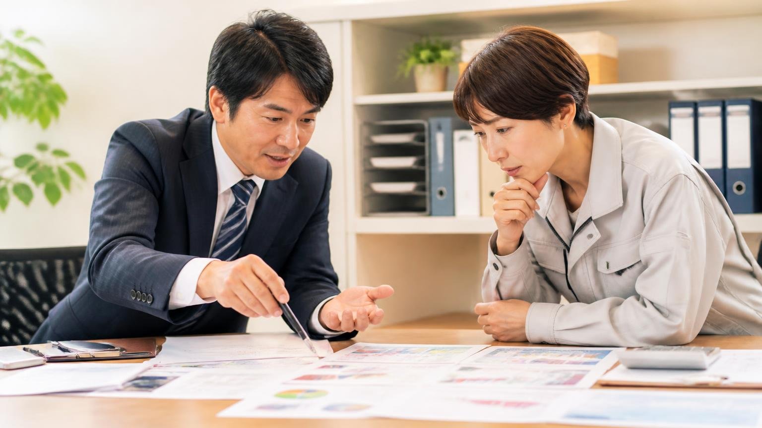 買取以外の売り方を提案される場面 事務所で書類を広げた机を挟み担当者と経営者の男女2人が身を乗り出す