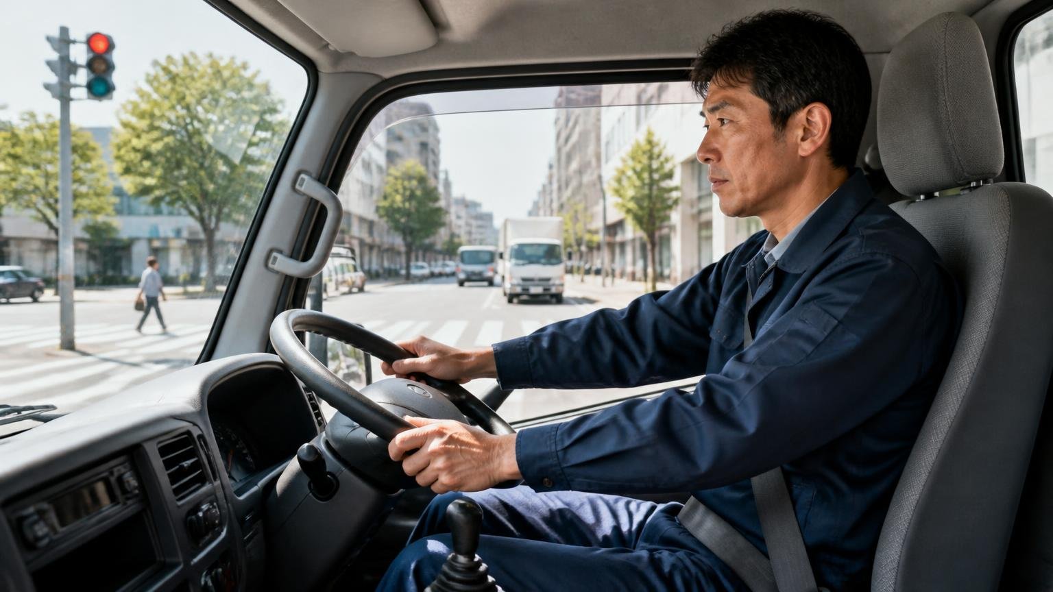 発進の仕方で10%前後の差/交差点でキャンターを発進させる運転席/男性1人/アクセルをそっと踏み込む表情