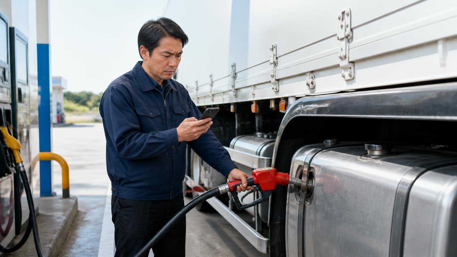 実燃費はどのくらいか 給油スタンドで大型トラックに給油しながら数字を確認する男性1人