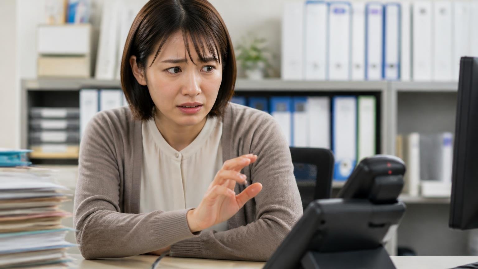 営業電話がしつこくないかを、査定前に見極める方法 事務所で鳴っているスマホを前に身構える事務担当 1人 受話器に手を伸ばしてためらう