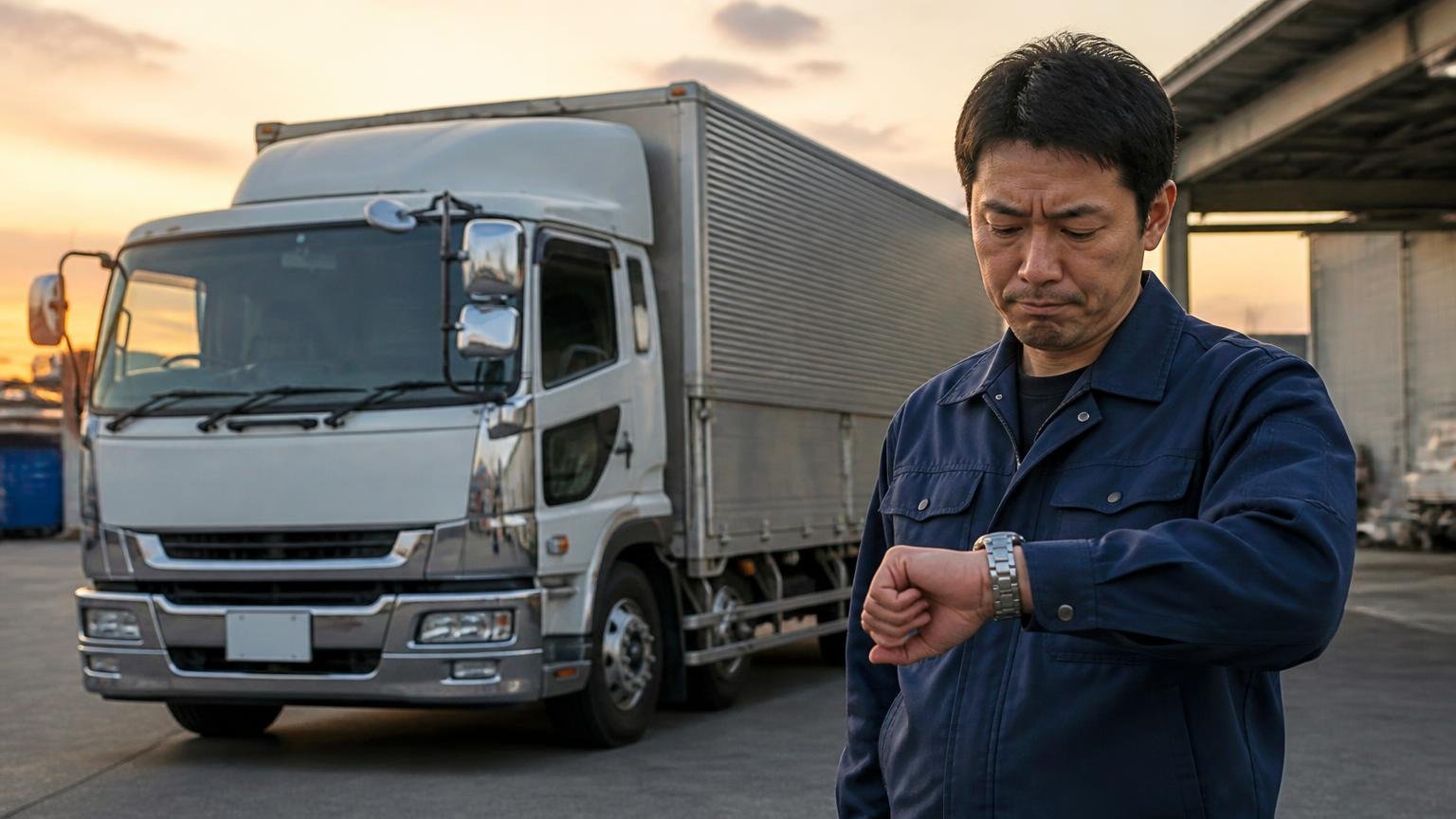 「売却までに時間がかかる」という声|夕方の車庫で停まったままのトラックを前に腕時計を見る男性1人が渋い顔
