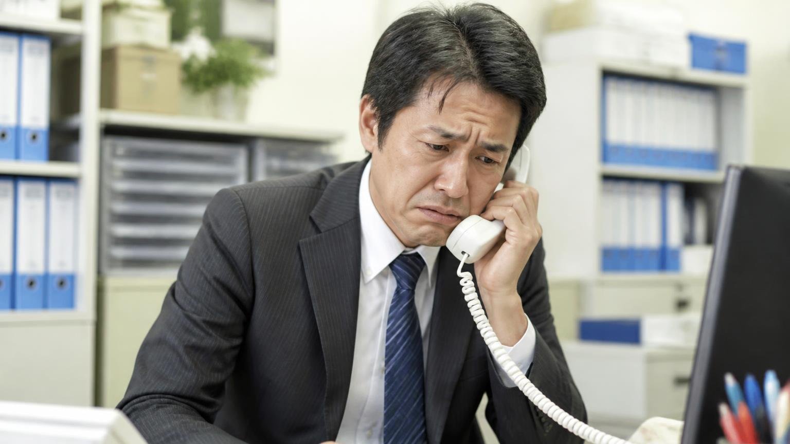 不満は電話応対と返事の遅さに集中していた|事務所で受話器を握りしめ表情を曇らせる40代の男性1人