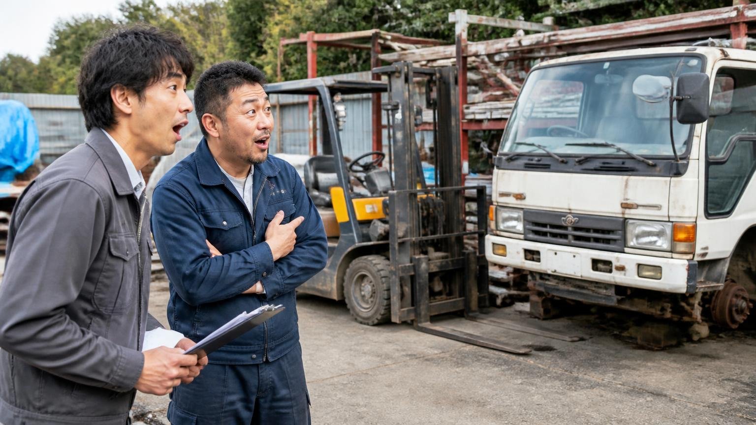 買取対象が幅広いことを確認。資材置き場でフォークリフトと不動トラックを見比べる男性2人が驚く表情