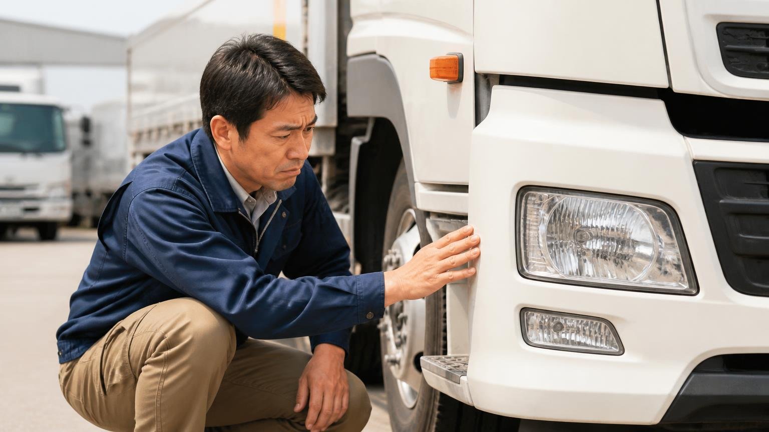 公式サイトの声には小さな不満も載っている。納車されたトラックの外装を屈んで確認する男性1人が少し困った表情