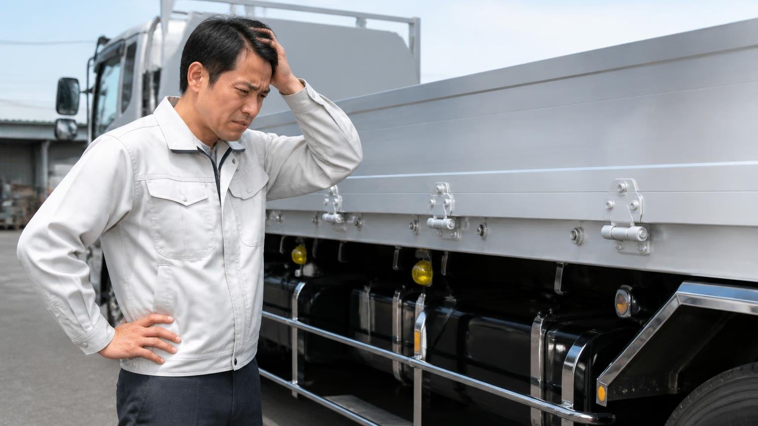 納車されると言っていた部品がついていないという書き込み。納車されたトラックの荷台まわりを確認する屋外で、男性が装備の不足に気づいて険しい表情をしている