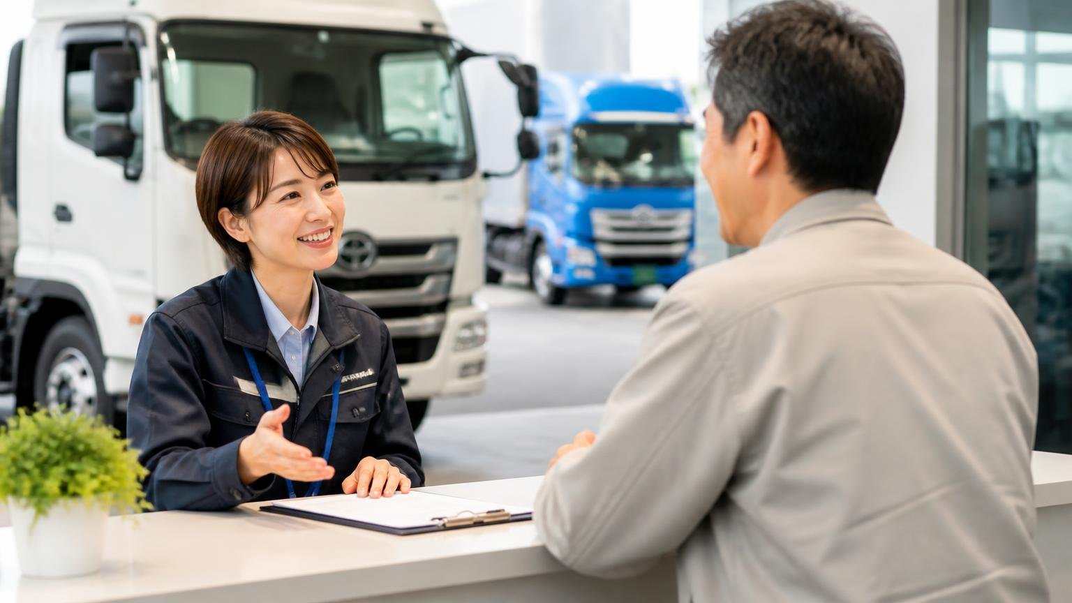 いちばん多いのは対応が丁寧だったという声。トラック展示場の受付前で笑顔で応対するスタッフ1人と来場者1人