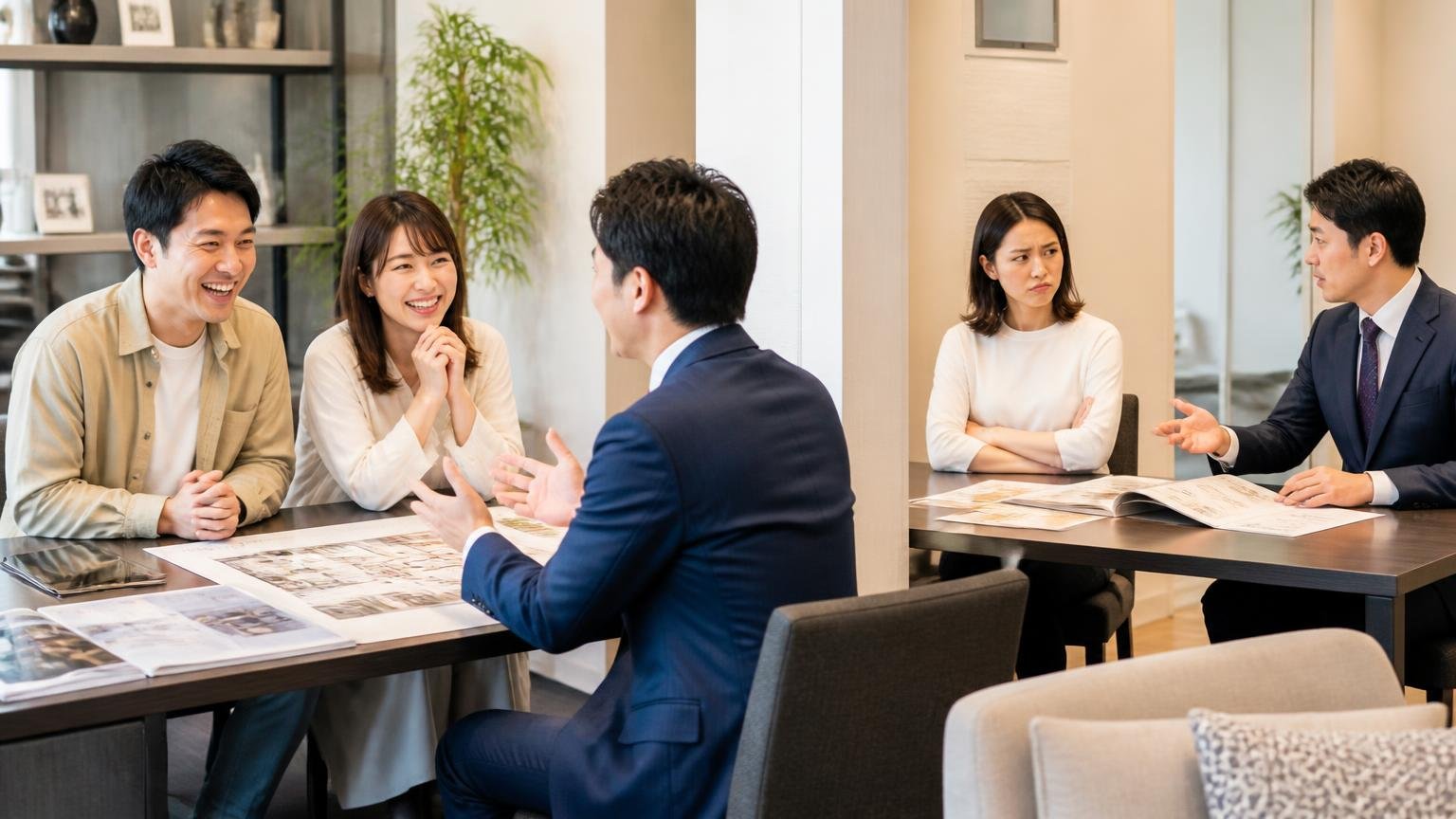同じ展示場で評価が真逆になる担当者要因を検証 展示場の商談スペースで対照的な2組が並ぶ 男女3人が別々の表情