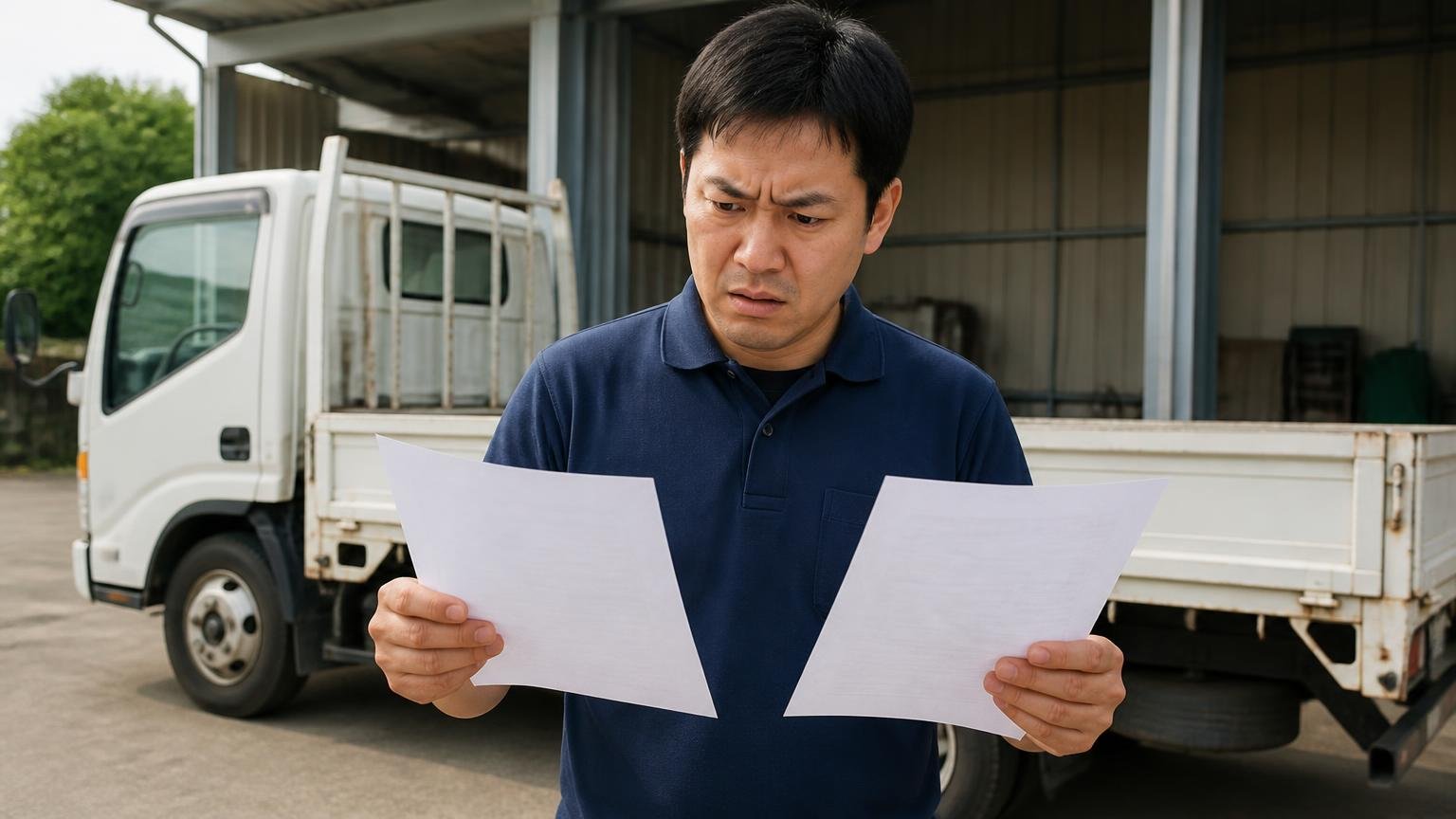 20万円が他社では50万円という声、車庫の平ボディの前で2枚の見積書を見比べる男性1人が険しい表情