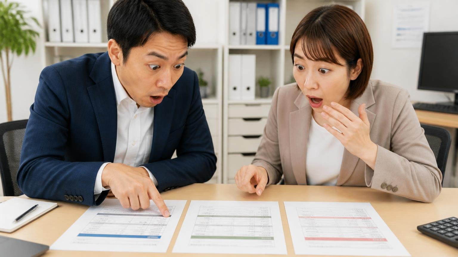 高く評価している人ほど「複数社と比べていた」という事実 事務所の机に3社分の見積書を並べて見比べる 2人 目を見開いて驚く