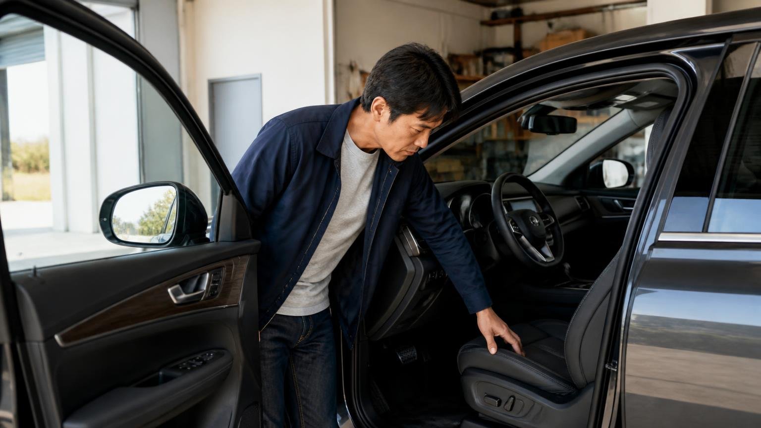 ボルボを選ぶ前に確認したいこと 早朝の車庫で運転席のドアを開ける場面 男性1人 座席に手をかけ車内を確認する