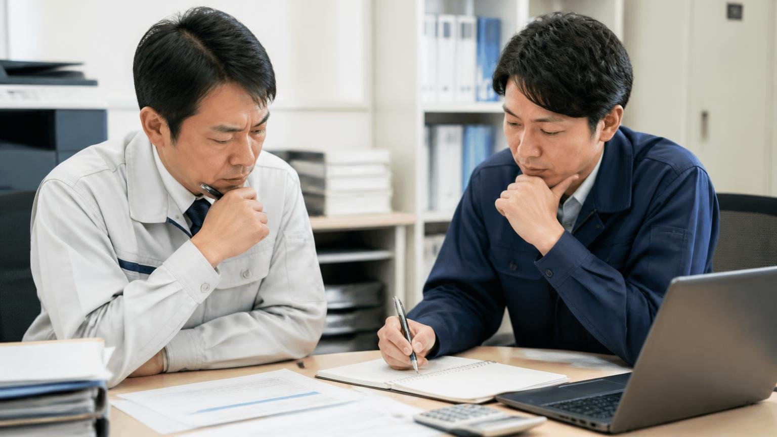 棚卸しシートの6項目を書き出す。事務所の机で紙にメモを取りながら考え込む2人が真剣な表情