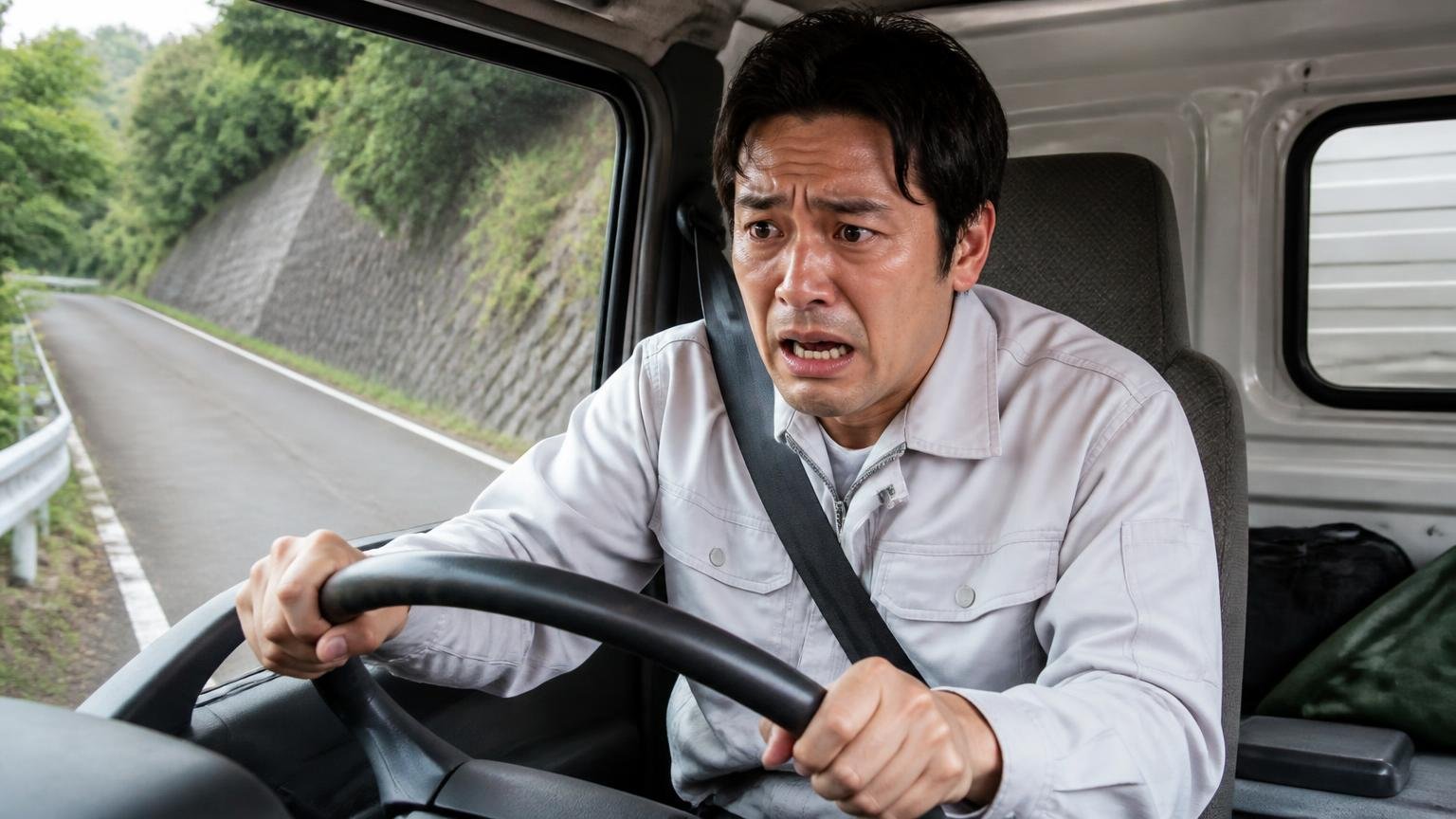 ランプ点滅を放置すると出力が制限される|坂道で失速したデュトロの車内で焦る男性1人
