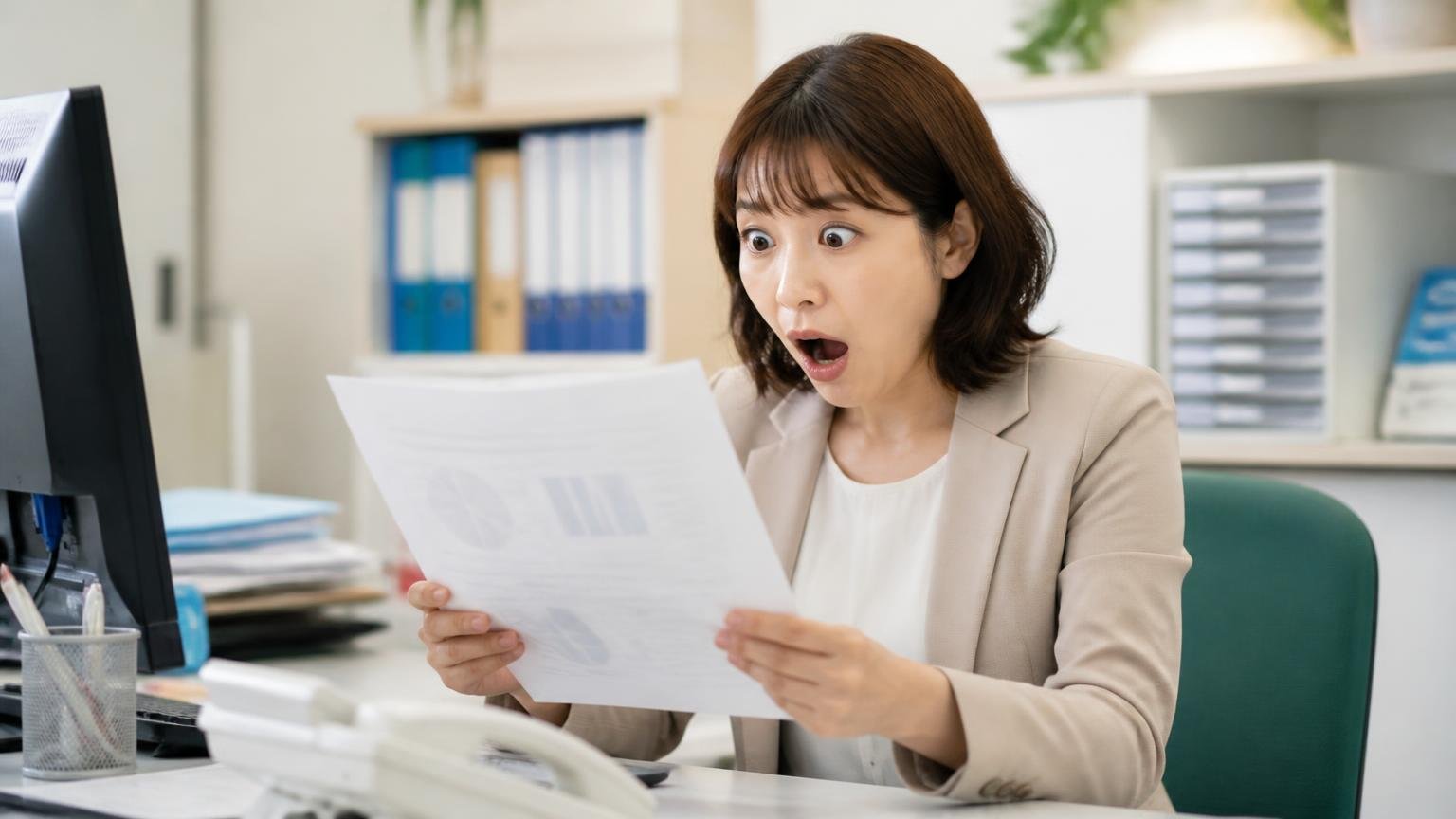 ファクシミリ広告は承諾がなければ原則送れない。事務所の机で女性1人が資料を読み目を見開く
