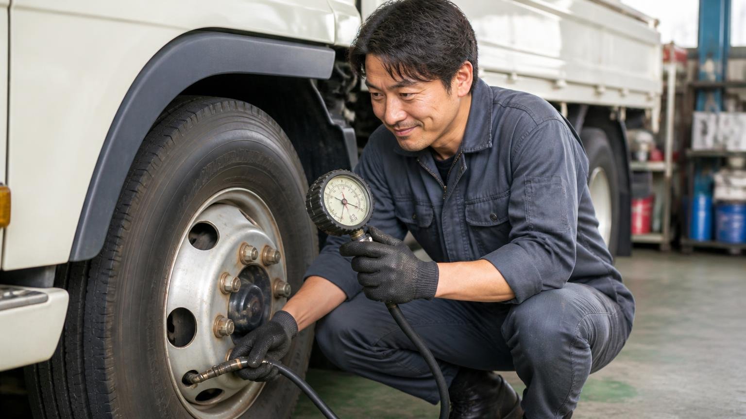 今日から無料でできること/車庫でタイヤの空気圧を測るキャンターの足元/男性1人/空気圧計を読んで頷く