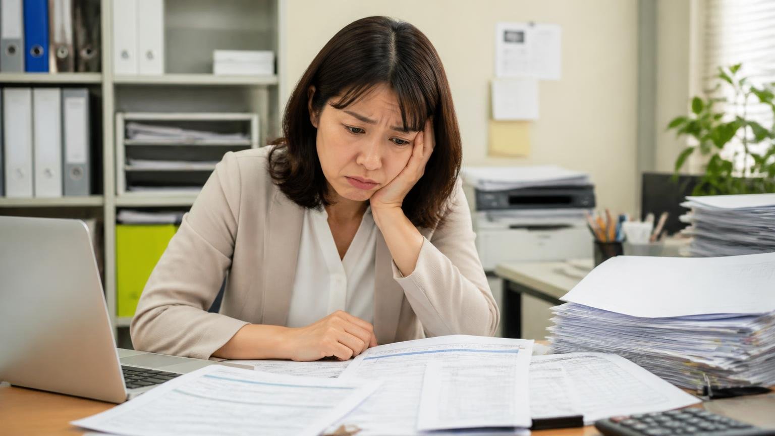 項目別評価で維持費だけが3.0。事務所で整備費用の書類を広げてため息をつく女性1人