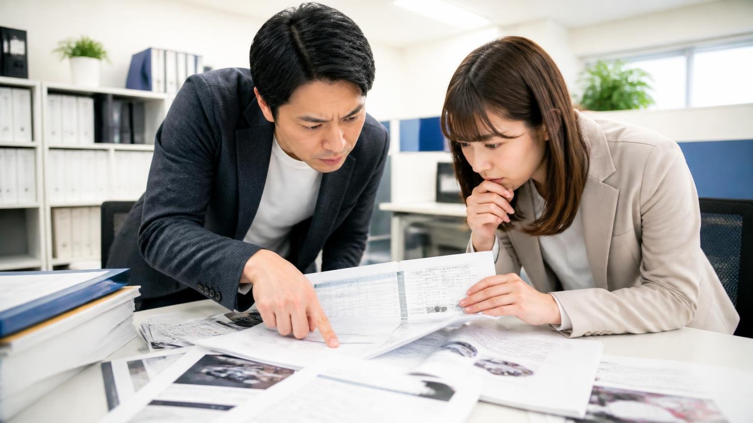 2016年に公表された改良内容|事務所で資料を広げて年式を確かめる男女2人が身を乗り出す