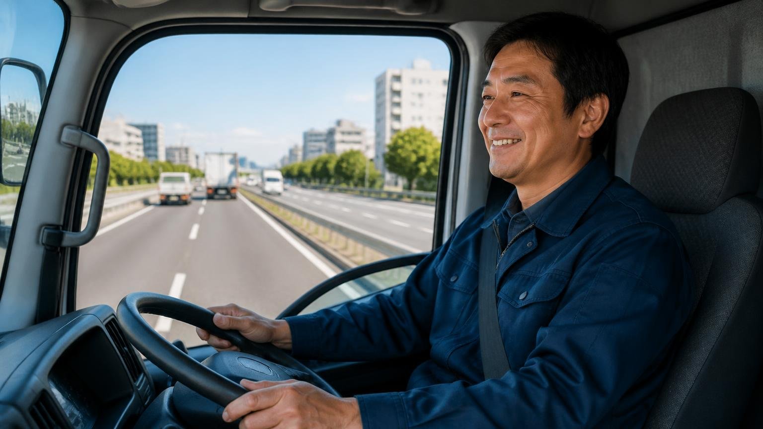 走行安定性と乗り心地への評価 幹線道路を走るデュトロの運転席でハンドルを握り笑顔の男性1人