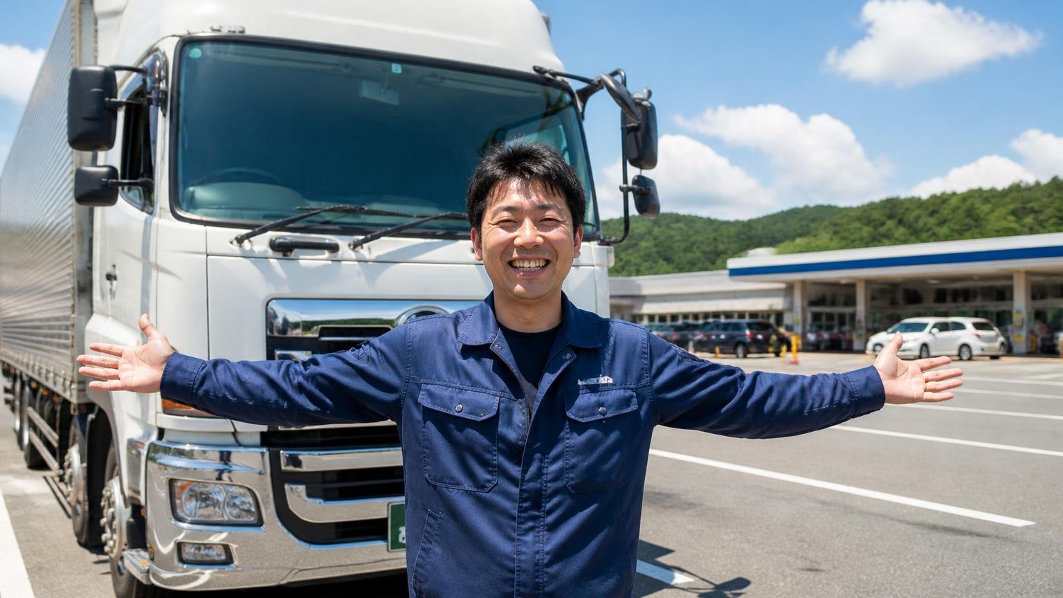 向いている人:長距離幹線が中心で、点検を計画的に組める人 高速道路のサービスエリアで大型トラックの前に立ち、笑顔で腕を広げる男性1人