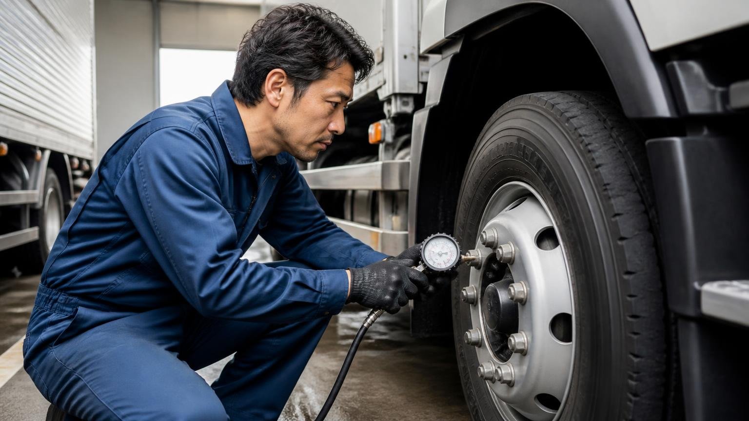 タイヤの空気圧を確認する|早朝の車庫でトラックのタイヤにエアゲージを当てる男性1人が真剣な表情