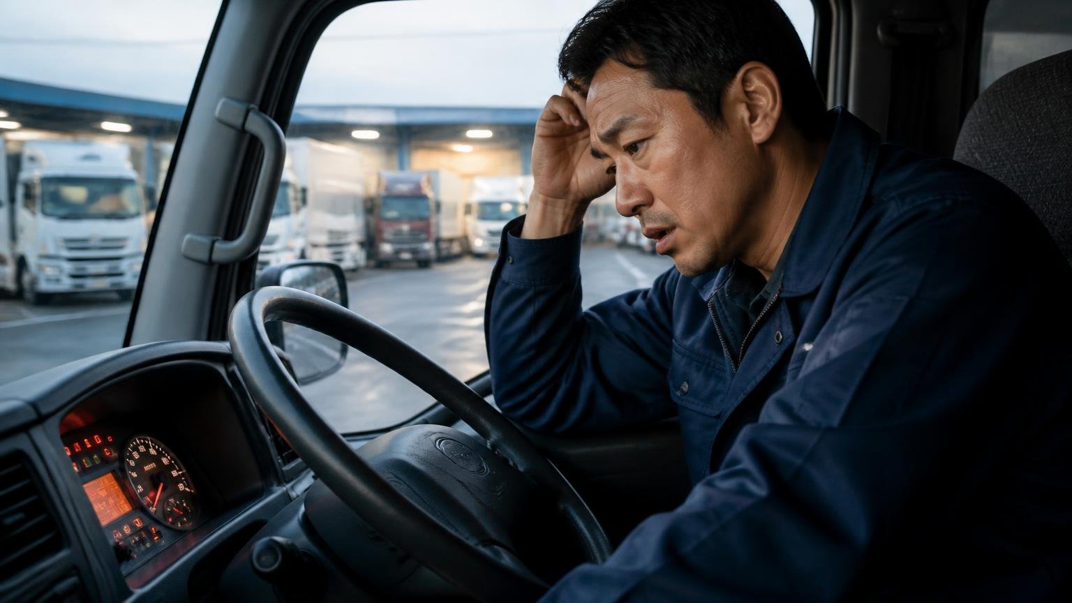 警告灯が点くのは異常ではないがしんどい 早朝の車庫でトラックの運転席に座り点灯した警告灯を見つめる男性がため息