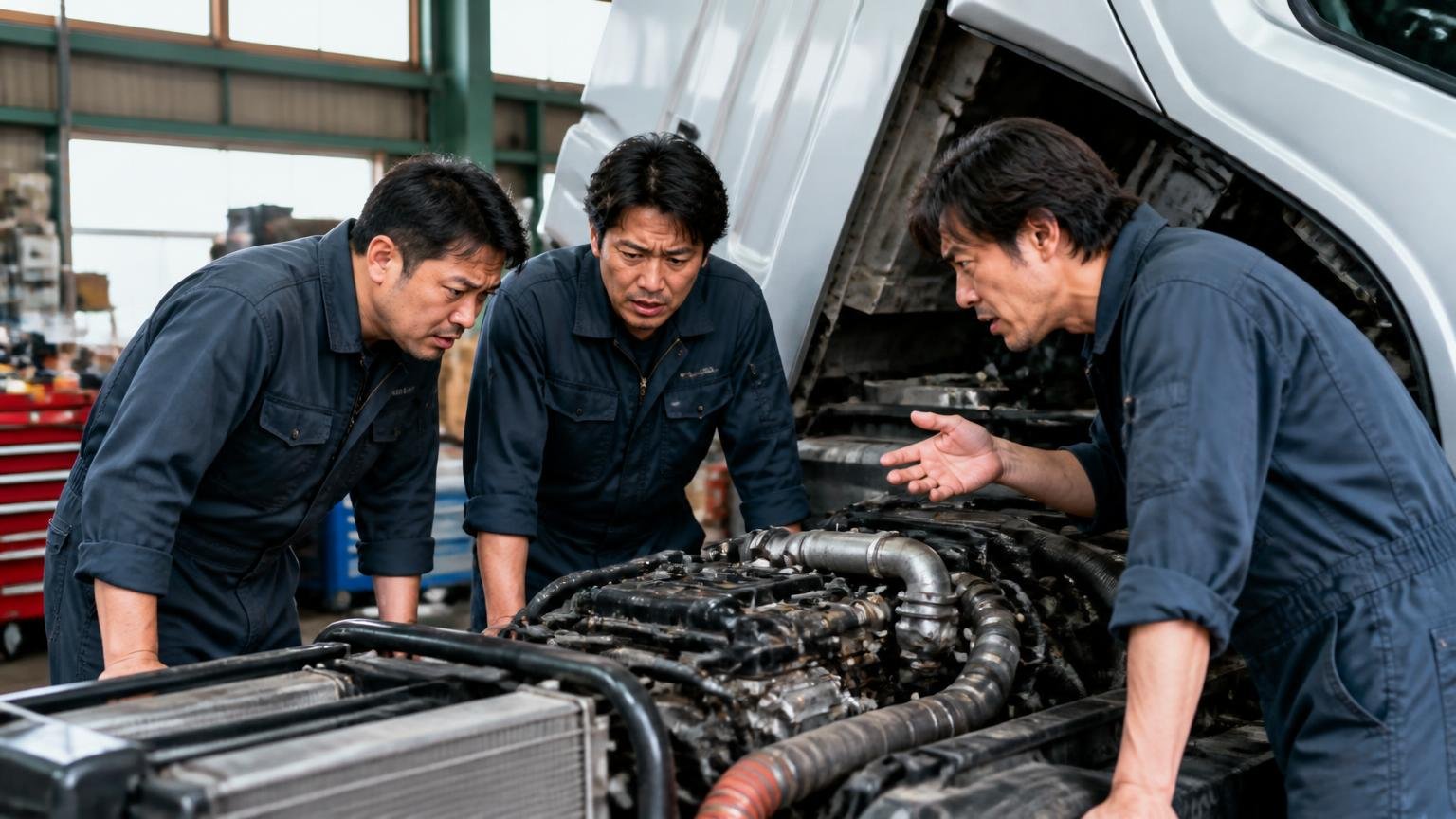 実際に挙がっている不具合の声|整備工場のピットで大型トラックのエンジンをのぞき込む3人が険しい表情で話し合う