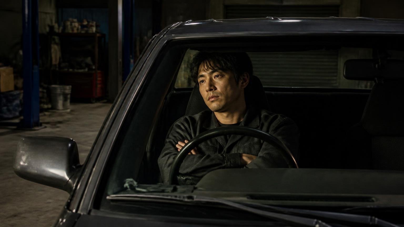 再生が終わらない。夜の車庫でアイドリング中のエルフの運転席に座り、腕を組んで待ち続ける男性