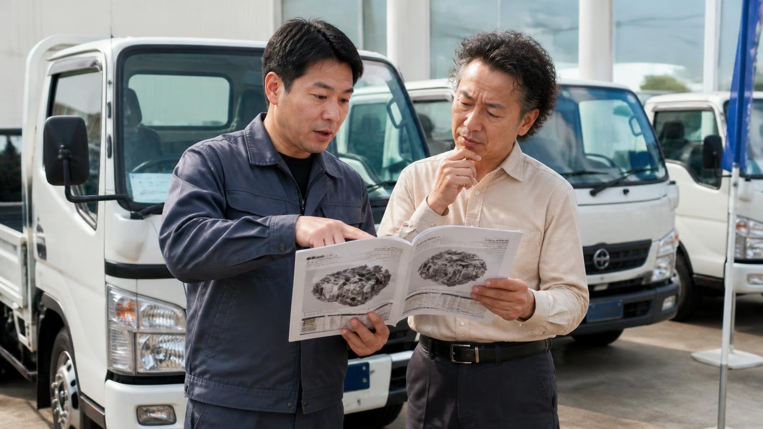 スムーサーExと新型9速の違い 販売店の展示場に並んだ小型トラックの前 男性2人がカタログを広げて比較する