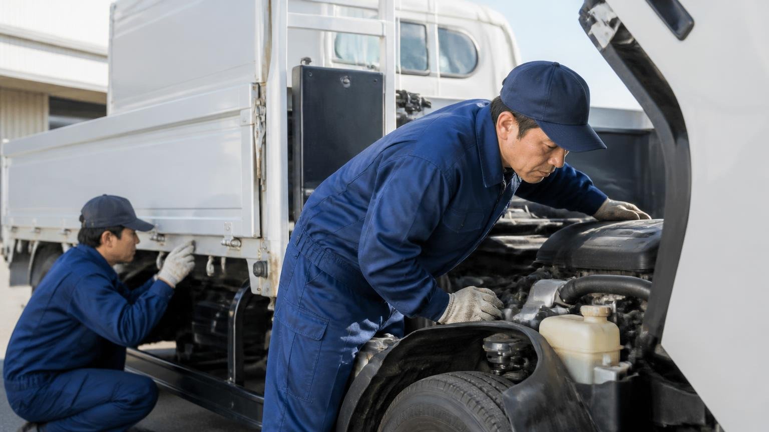 ユーザーから報告が多い箇所を整理する、トラックの荷台まわりとエンジンルームを確認する屋外、整備士2人が真剣な表情で点検する