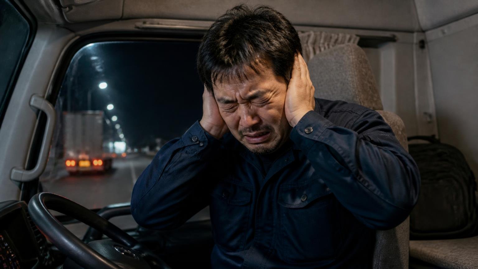 警告が出た回数が記憶に残る。深夜のトラック車内で警告音に耳をふさぐ男性1人の疲れた表情