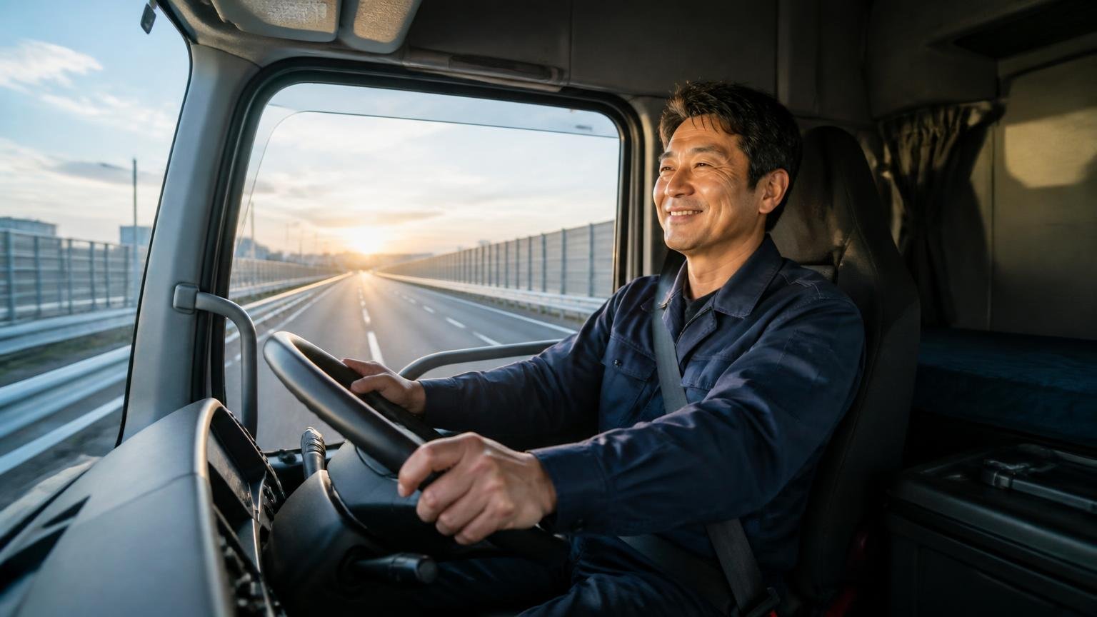 良い評判　早朝の高速道路を走る大型トラックの広い運転席　ハンドルを握る男性1人　満足そうな笑顔