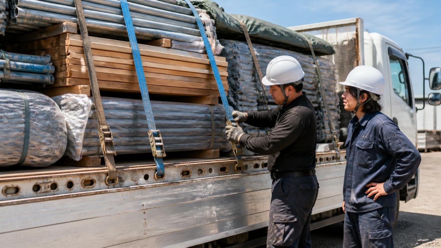 評価の実態は総合3.4点で積載性4.5点 荷物を満載した平ボディの荷台まわり 作業員2人 荷締めを確認