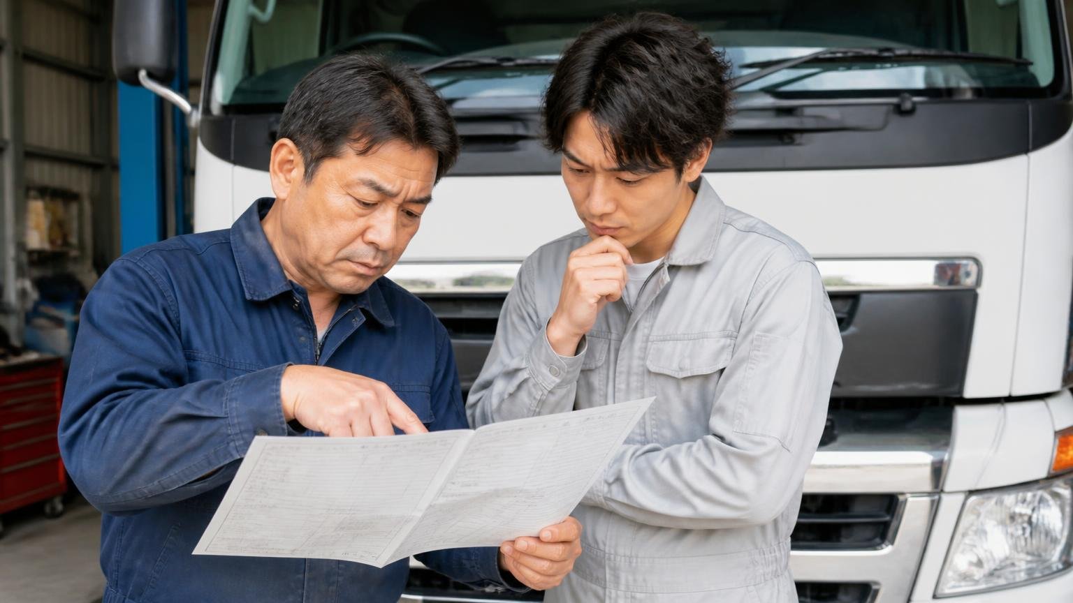 年式で装置が変わる｜車庫に停めたトラックの前で車検証を広げ、型式の欄を指さして真剣に確認する作業着の男性2人