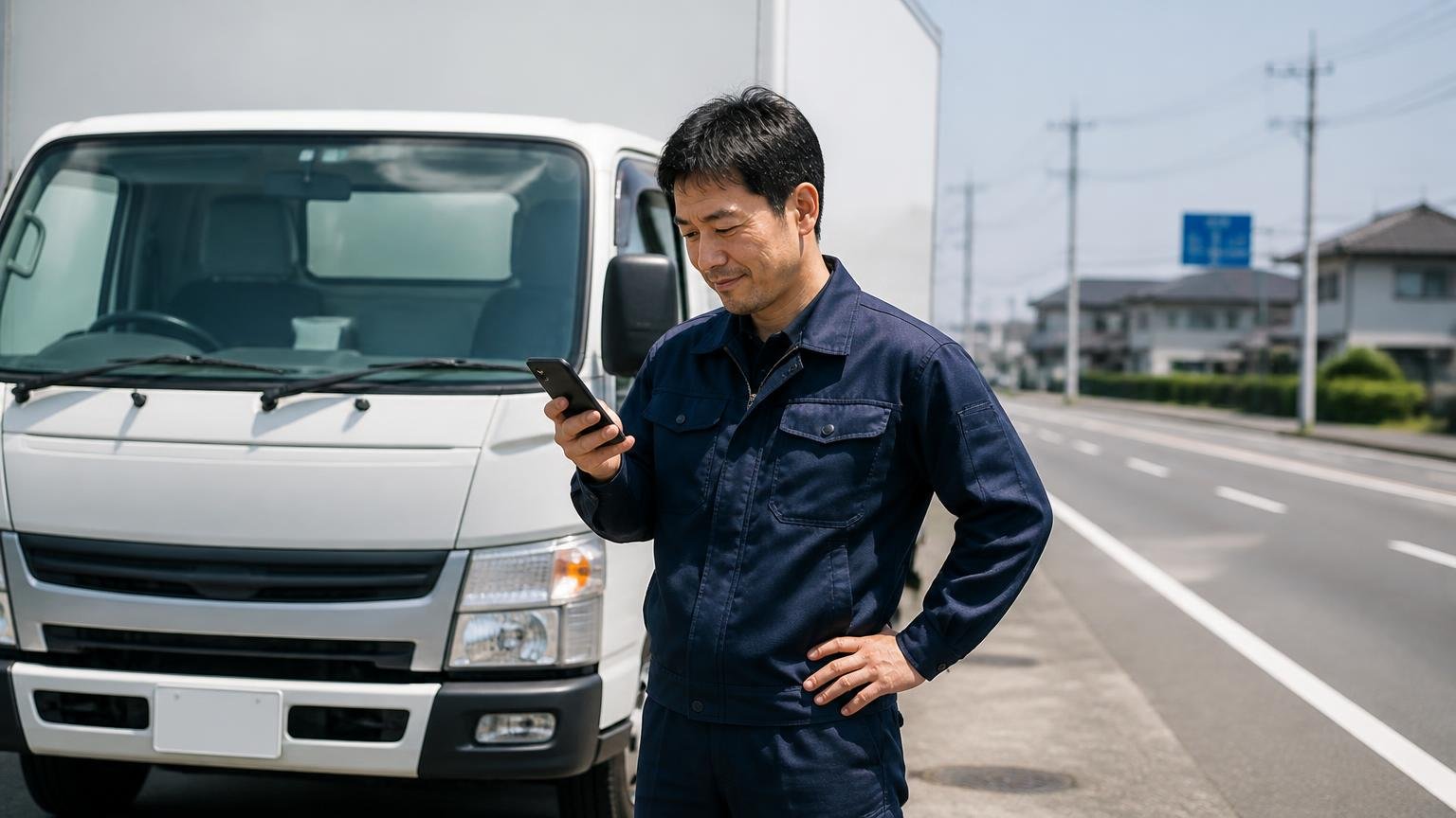 向いている使い方は距離を走りルートが決まっている 幹線道路脇に停まったキャンターの前 ドライバー1人が地図アプリを見て頷く