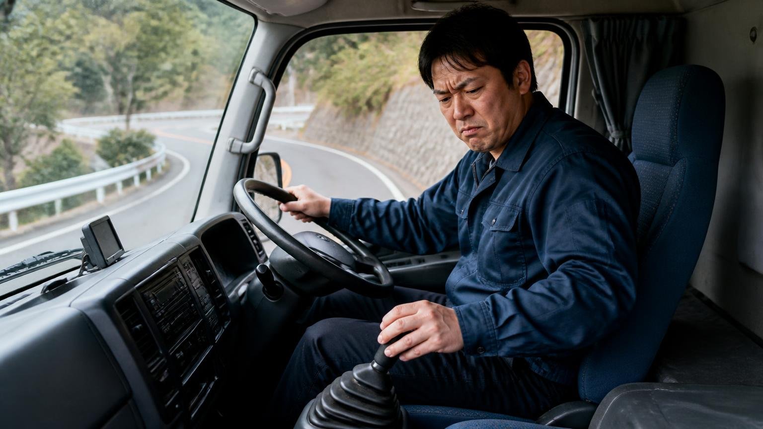 ギクシャクや勝手なシフトダウンは仕様。峠道の路肩に停めたトラックの運転席で、男性1人が眉をひそめてレバーを操作する
