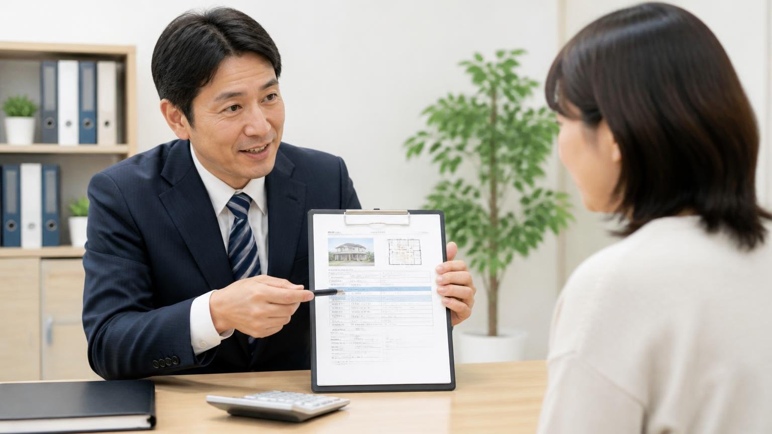 無料の範囲はどこまでか査定料・出張料・書類代行。事務所で査定書を指さしながら説明する男性と聞く女性の2人
