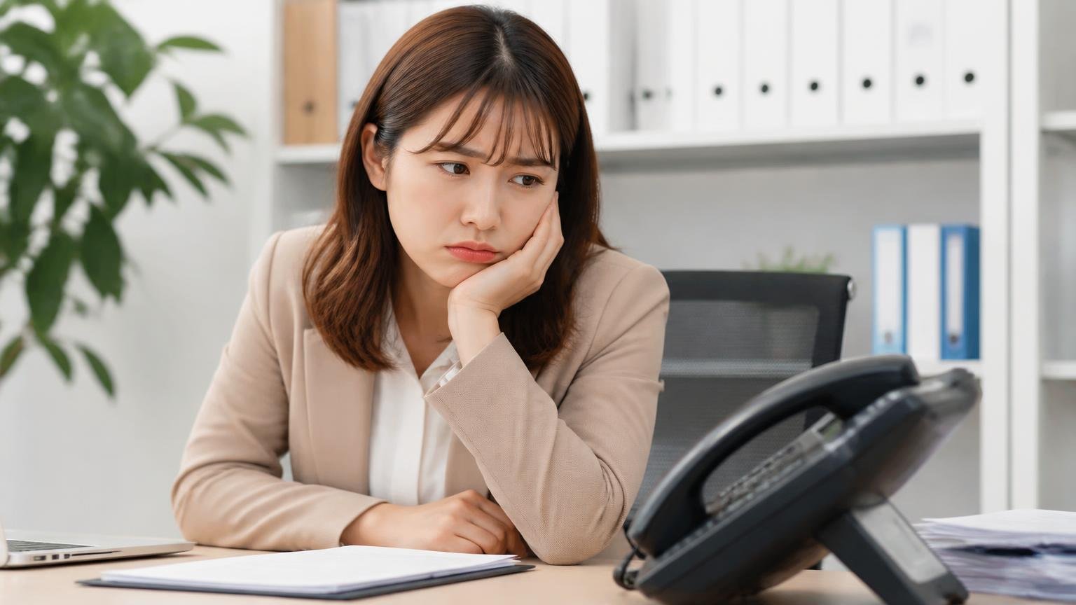 悪い口コミは査定額ではなく連絡と営業のやり方に集中／事務所で鳴らない電話を見る／女性1人／不満げな表情