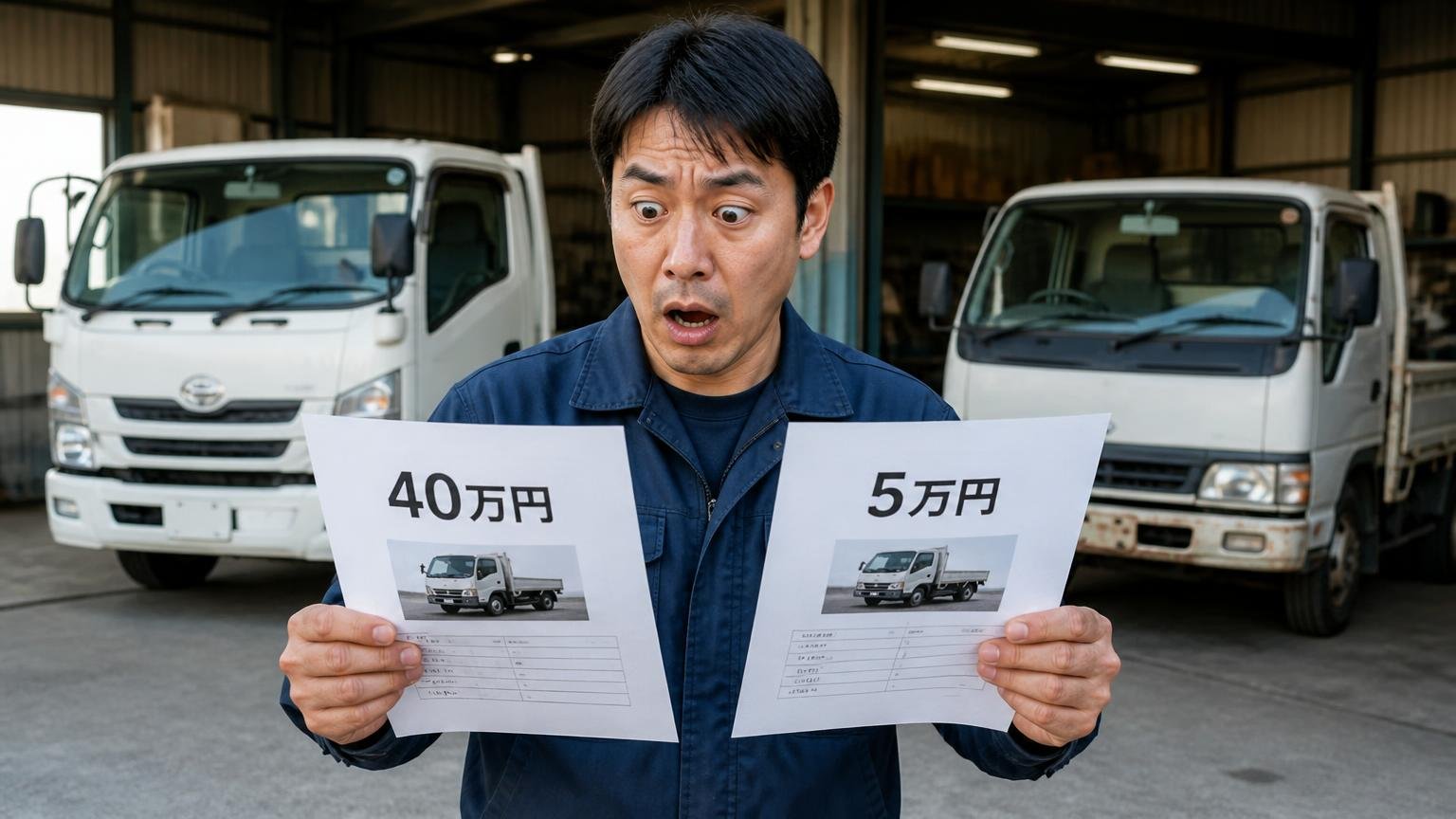 同じ3トントラックが40万円と5万円。車庫で2枚の見積書を見比べる男性1人、驚いた表情