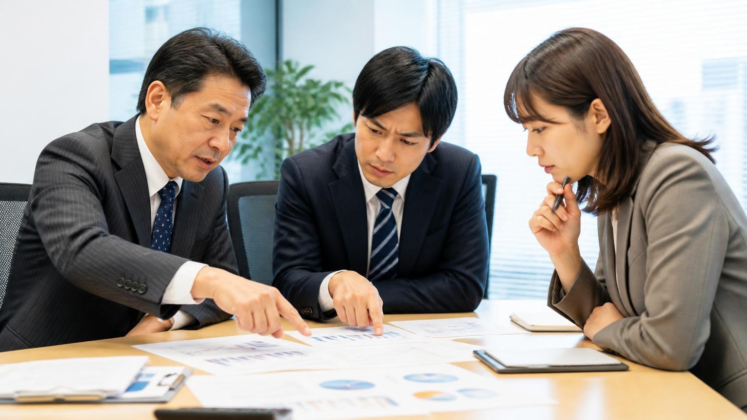 オフィスの会議室で資料を広げて話し合う場面。スーツの男女3人が書類を指さし真剣な表情