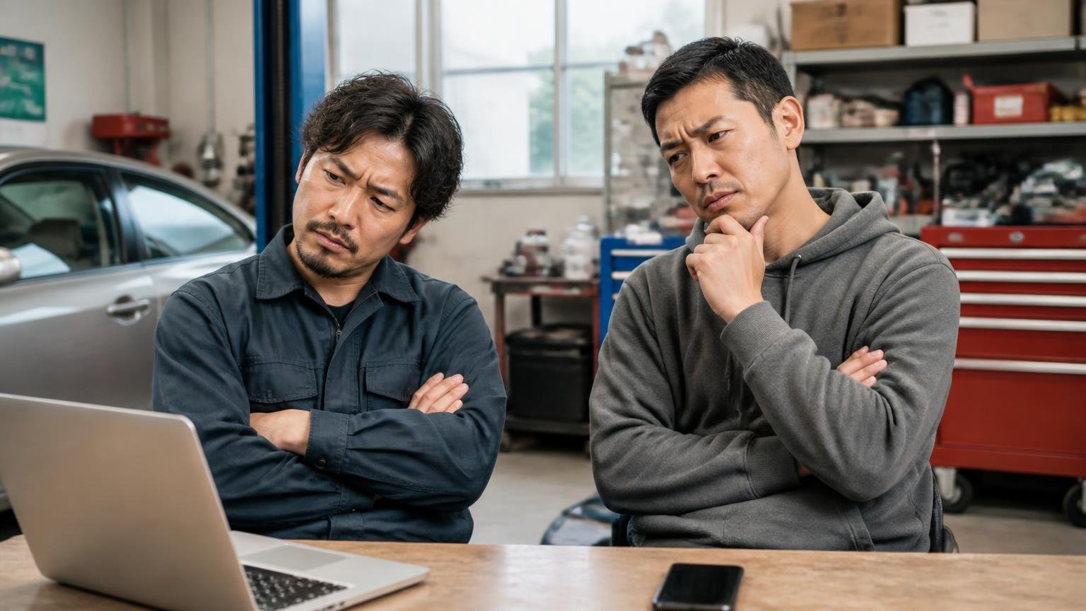 売った人の声がない。車庫でノートとスマホを広げた男性2人が腕を組んで考え込み首をひねる
