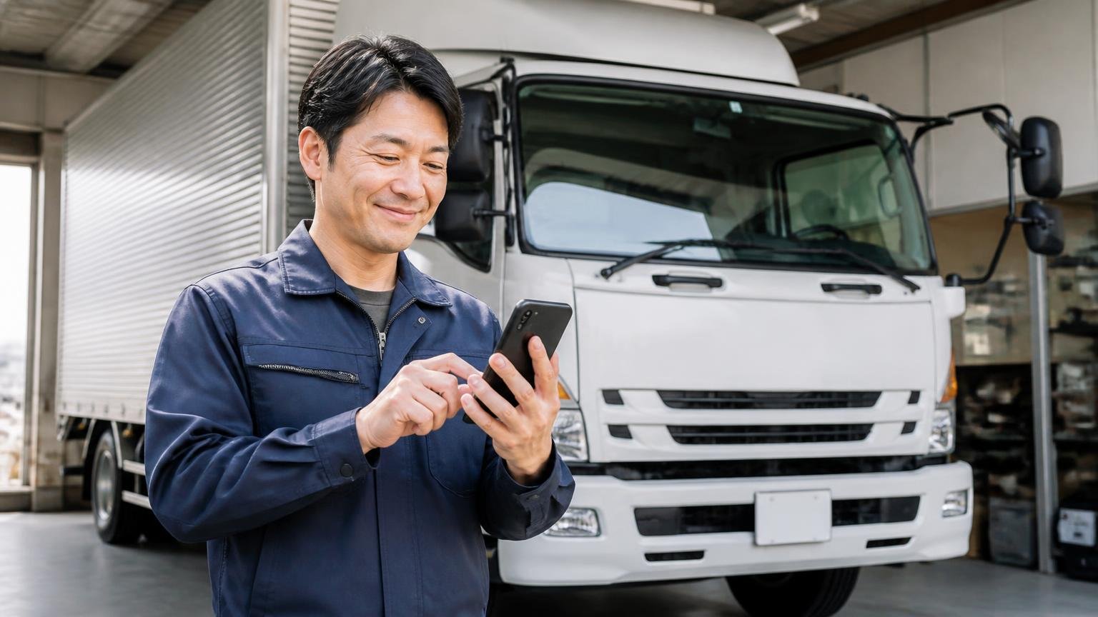 査定は無料。不成約でも費用は請求されないと明記されている 車庫に停まった4tトラックの前でスマホから申込みをする男性1人 ほっとした表情