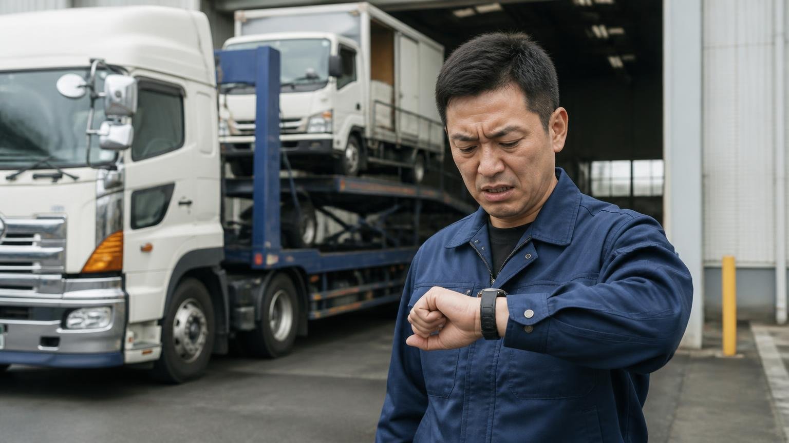 星1つの口コミは誰の声なのか 積車にトラックを載せるヤードの搬入口で腕時計を見て苛立つ男性1人