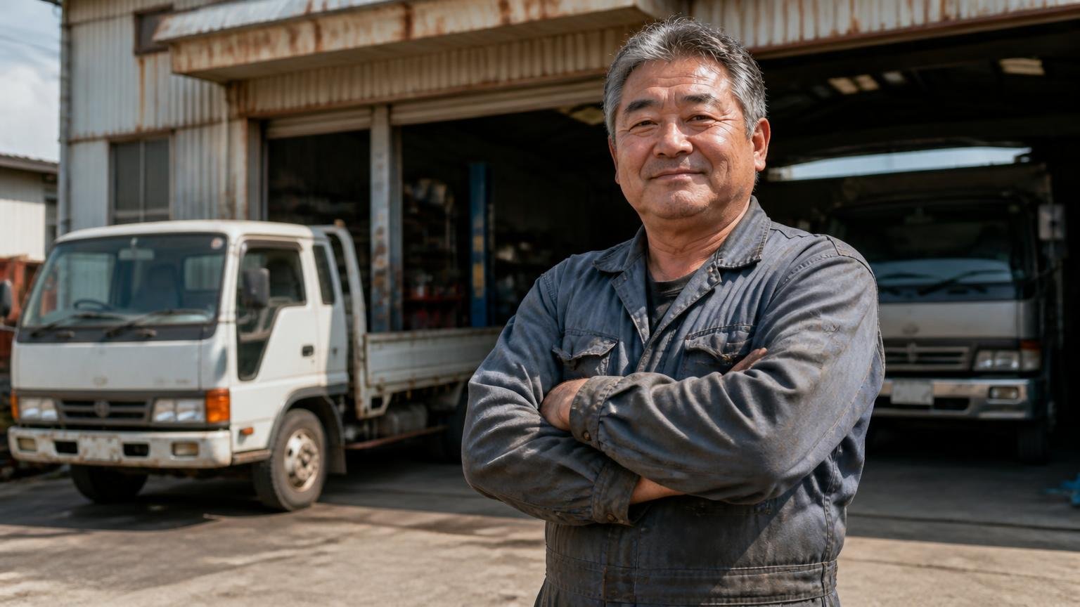 1979年設立で40年以上トラックを扱う会社。古い車庫の前で年季の入った作業着姿の男性1人が腕を組み誇らしげ