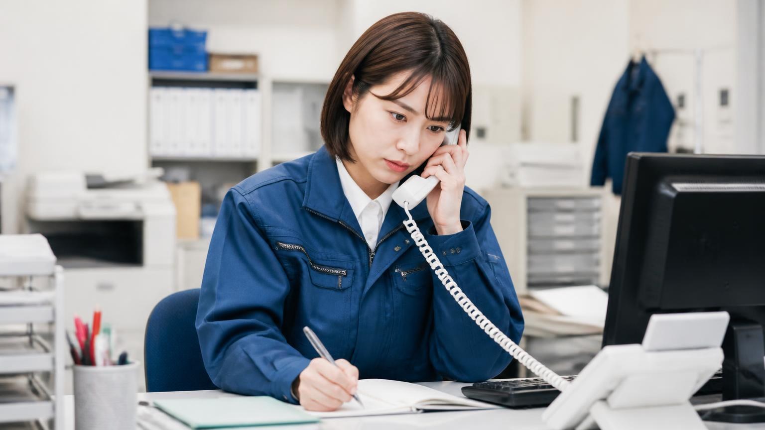 営業電話の負担を先に減らす準備｜運送会社の事務所の机で女性1人がメモを取りながら受話器を構えて真剣な表情