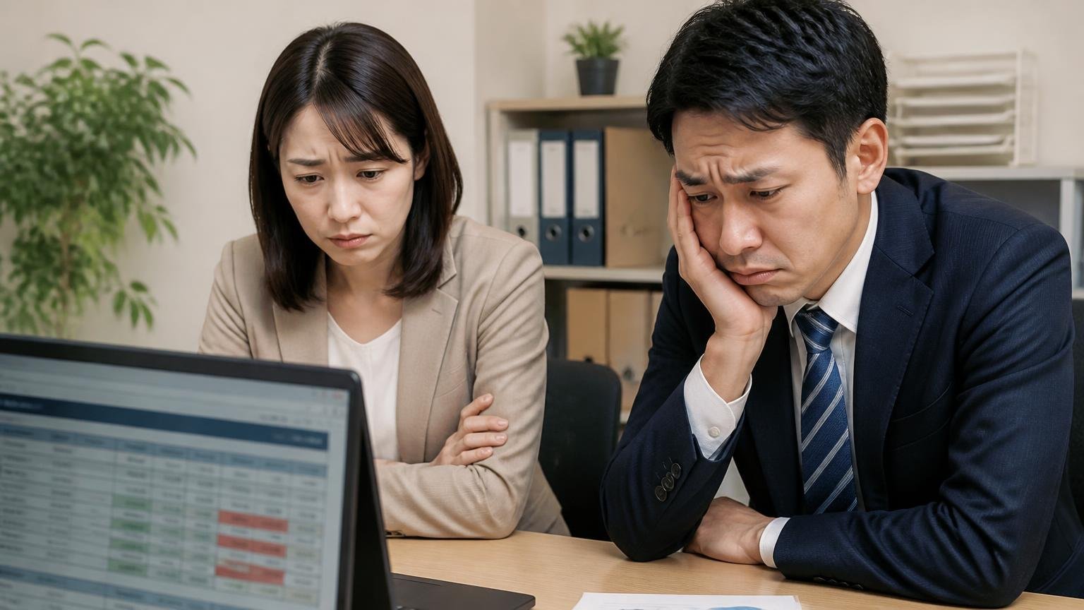 「希望金額で売れないことがある」という声|事務所で入札結果の画面を見つめて肩を落とす男女2人