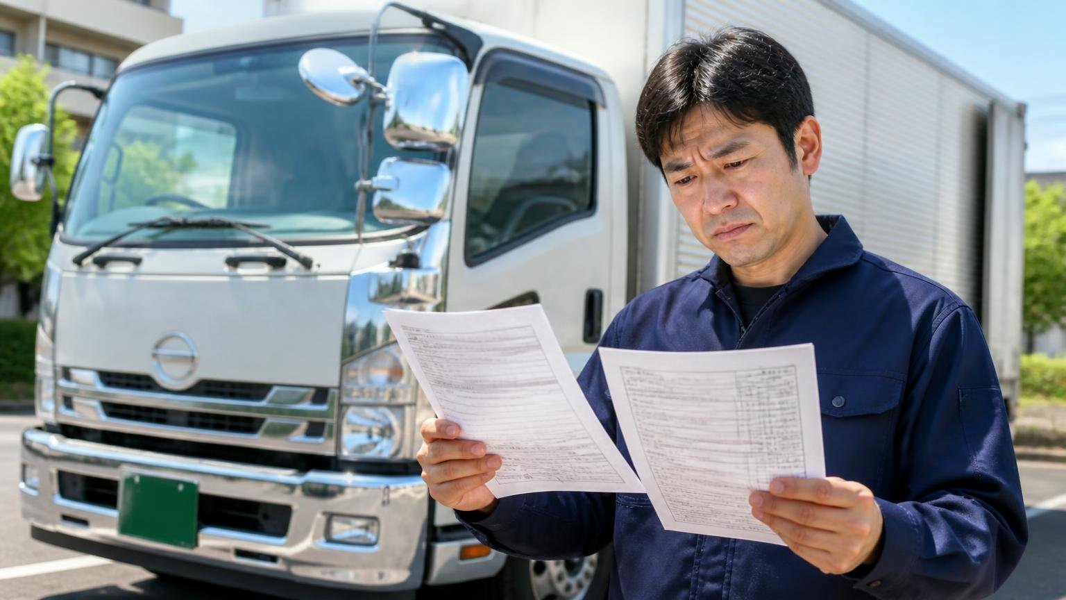査定額の減額トラブルの投稿は見つからなかったという調査結果 屋外でトラックの前に立ち査定書を確認する 男性1人が書類を見比べる