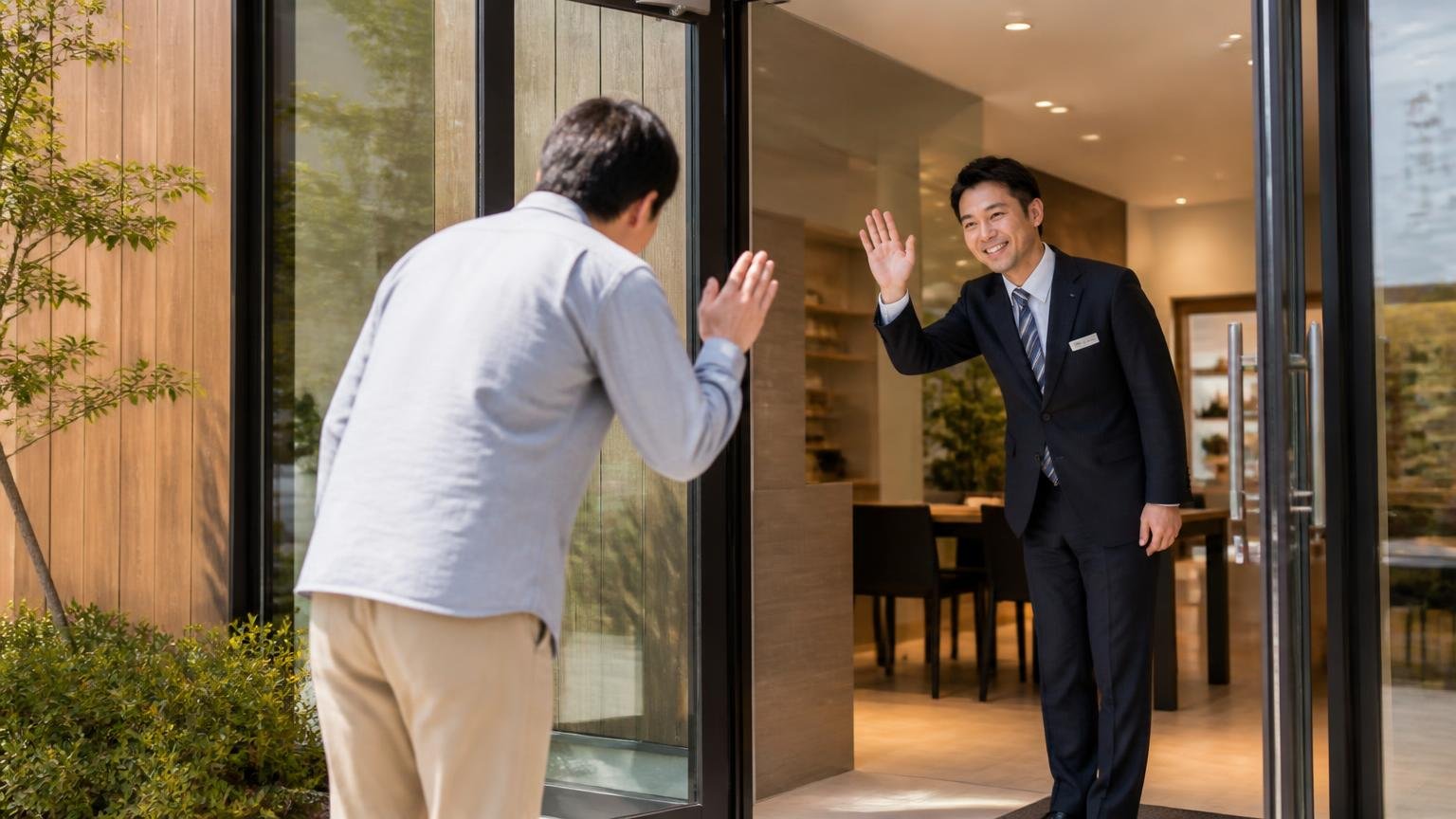 購入には至らなかったが対応が良かったという声。展示場の出入口で笑顔で見送るスタッフ1人と会釈する来場者1人