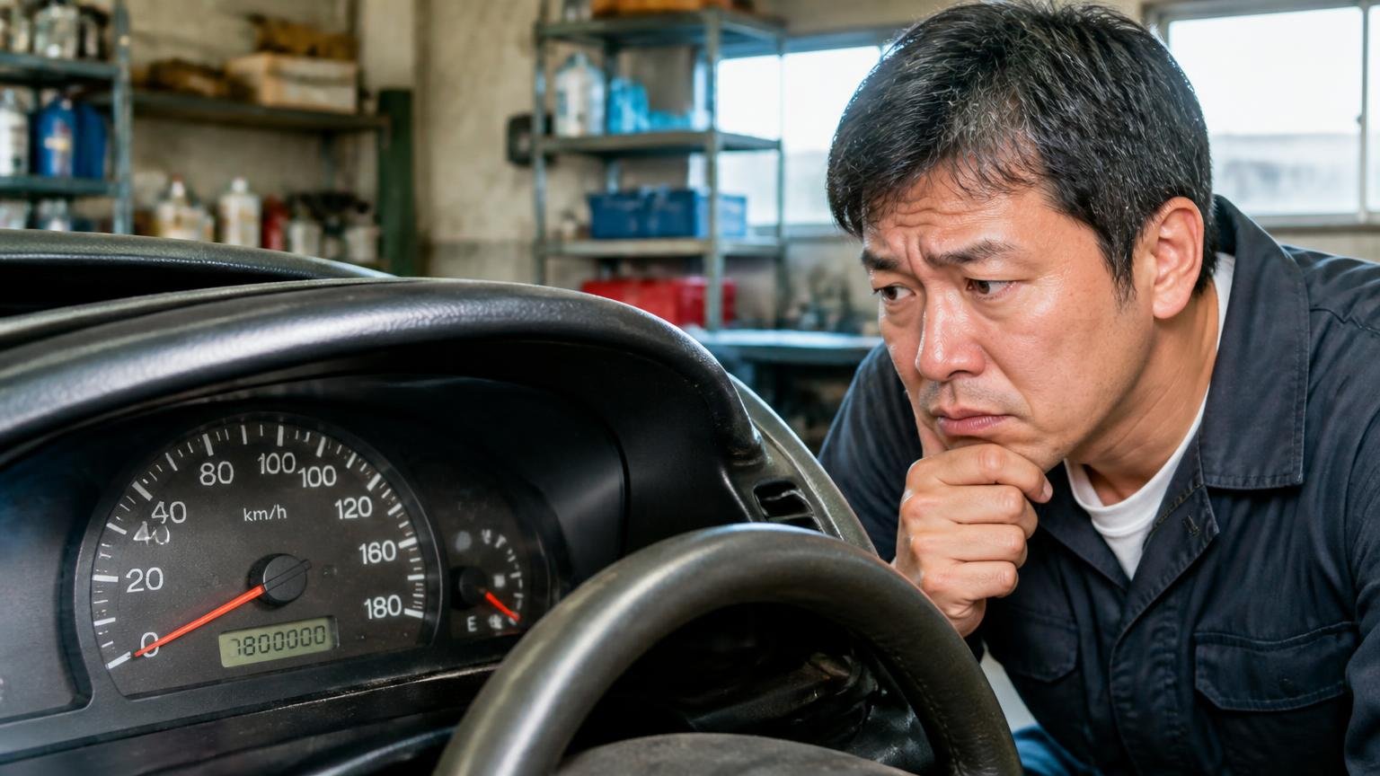 20年落ち・走行80万km超でも値がついた買取実績 車庫で走行距離計の6桁の数字を見つめる 1人 諦めた表情から驚きに変わる